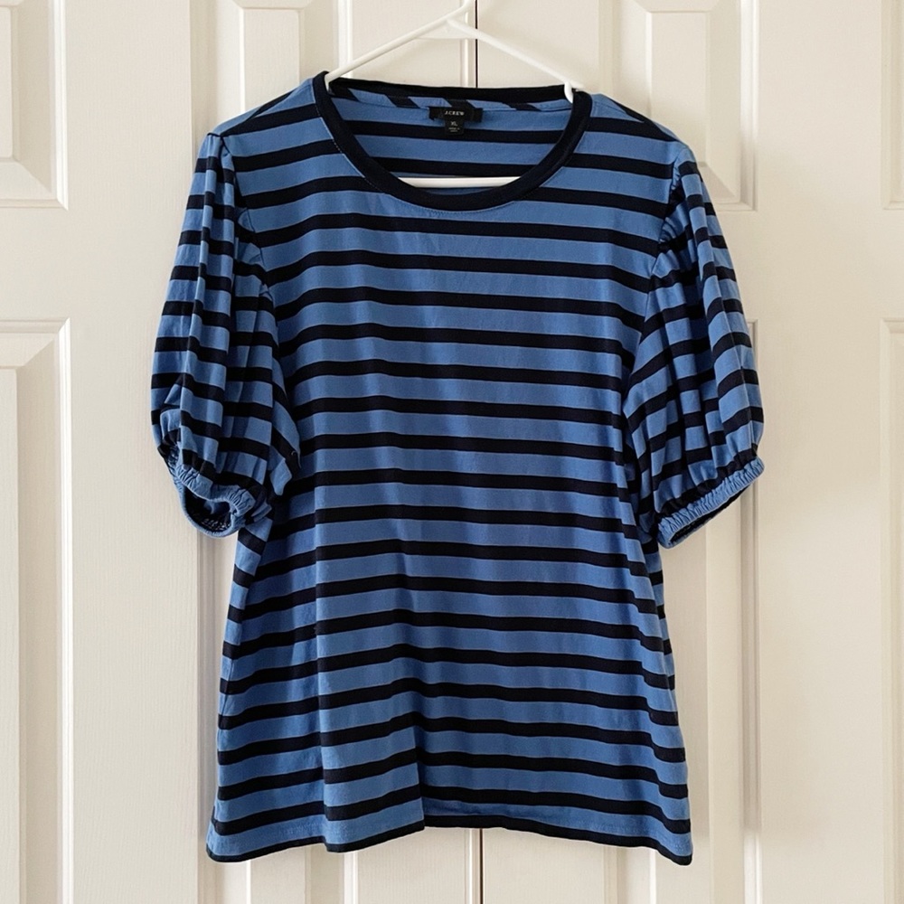 Jcrew navy and blue stripe balloon sleeve shirt